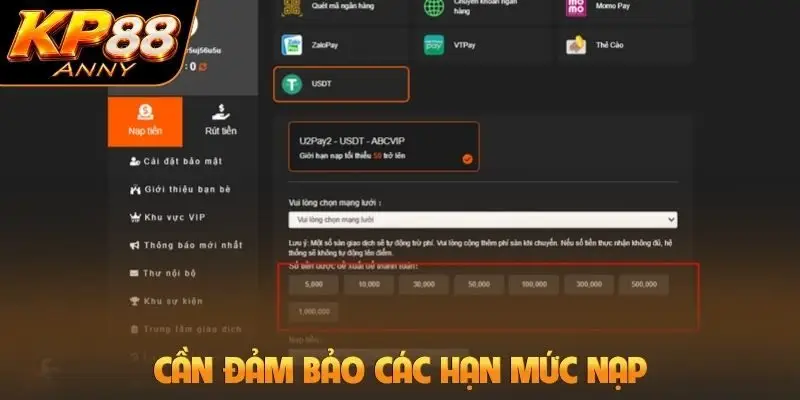 Cần đảm bảo các hạn mức nạp