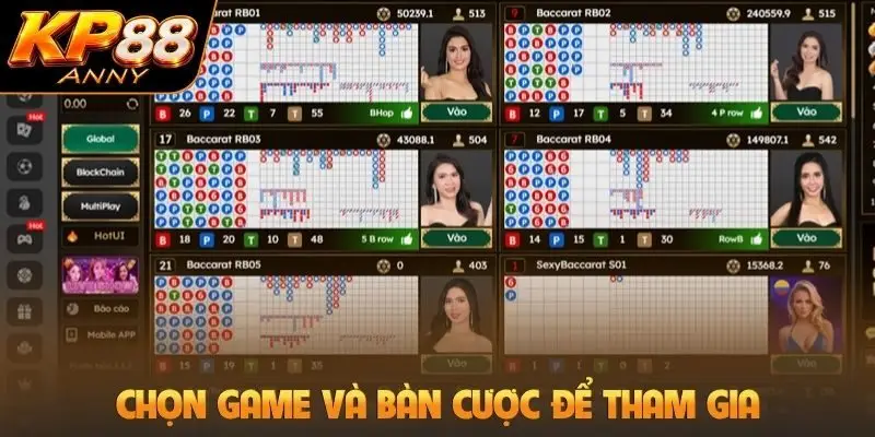 Chọn game và bàn cược để tham gia