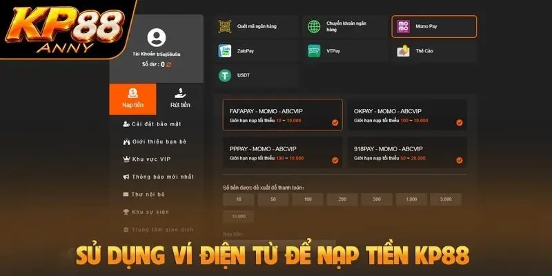 Sử dụng ví điện từ để nạp tiền KP88